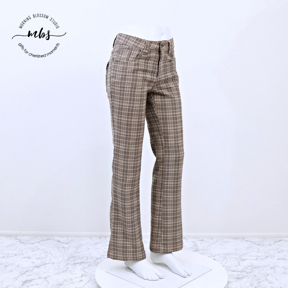 Drama Gold 70s Preppy Embroidered Plaid High Waist‎ Bootcut Women Brown Gold S